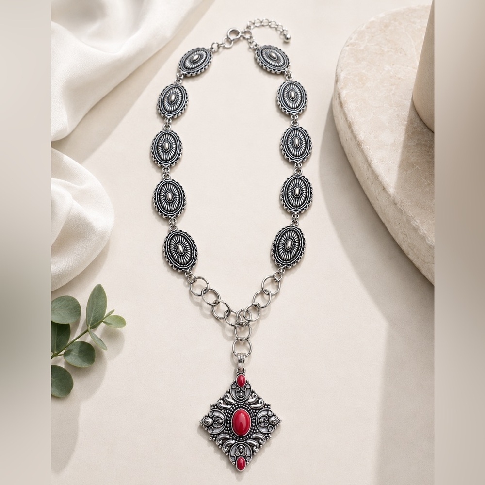 Artisan Handcrafted Bohemian Silver-Tone Necklace Red Coral Pendant OOAK 4444
